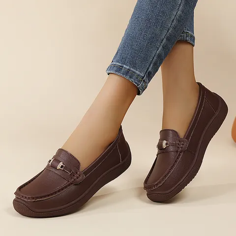 Women's Comfortable Wide Width Loafers Flat Soft Sole Moccasins With Metal Buckle Rhinestone Casual Slip On Mom Shoes