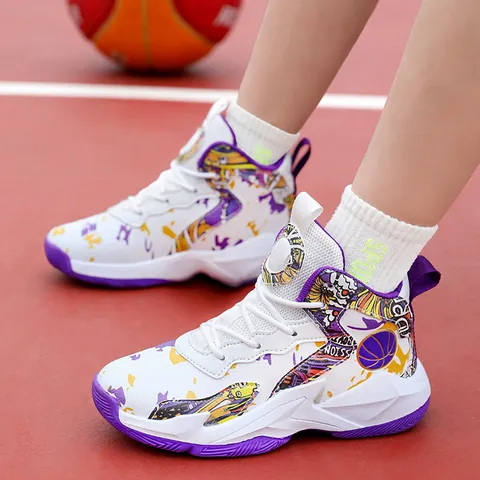 Kids Basketball Shoes High Top Synthetic Leather Graffiti Sneakers For Boys Girls Anti Slip Sport Training School Shoes