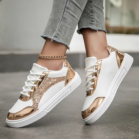 Women Fashion Platform Sneakers Sequin Color Block Casual White Shoes PU Leather Lace Up Board Shoes Spring Autumn Outdoor