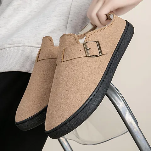 Unisex Winter Warm Fleece Lined Slippers Microfiber Suede Boston Clogs With Metal Buckle Casual Indoor Outdoor Home Cotton Shoes
