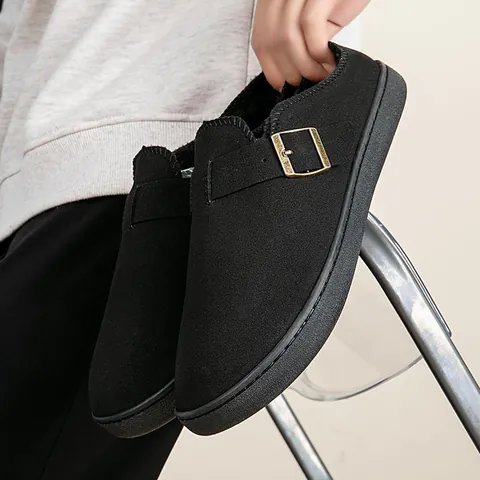 Unisex Winter Warm Fleece Lined Slippers Microfiber Suede Boston Clogs With Metal Buckle Casual Indoor Outdoor Home Cotton Shoes