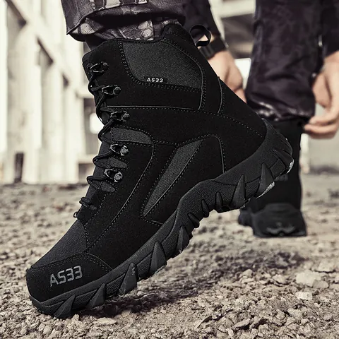Men Outdoor Tactical Boots Suede Fabric Splice High Top Non Slip Warm Fleece Lined Winter Combat Hiking Desert Work Boots