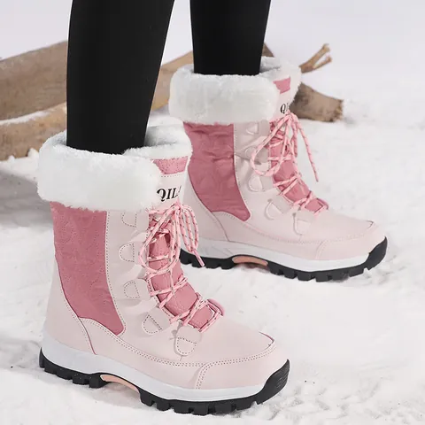 Women Winter Snow Boots Waterproof Umbrella Cloth Upper Faux Fur Lined Warm Non-slip Mid-calf Outdoor Walking Boots