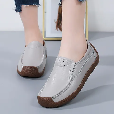 Damen Casual Rindleder Loafer Hohl Atmungsaktiv Flache Schuhe Bequeme Weiche Leder Moccasins Rutschfeste Outdoor Wanderschuhe Für Alltag