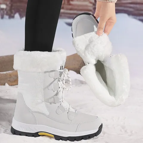 Women Winter Snow Boots Waterproof Umbrella Cloth Upper Faux Fur Lined Warm Non-slip Mid-calf Outdoor Walking Boots