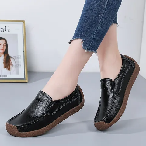 Damen Casual Rindleder Loafer Hohl Atmungsaktiv Flache Schuhe Bequeme Weiche Leder Moccasins Rutschfeste Outdoor Wanderschuhe Für Alltag