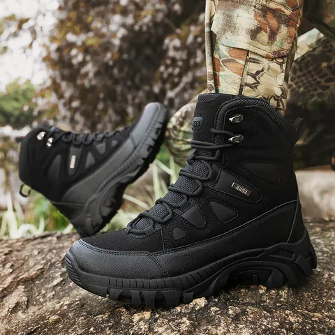 Men High Top Tactical Waterproof Hiking Boots Wear Resistant Anti Slip Combat Training Outdoor Shoes Leather Boots