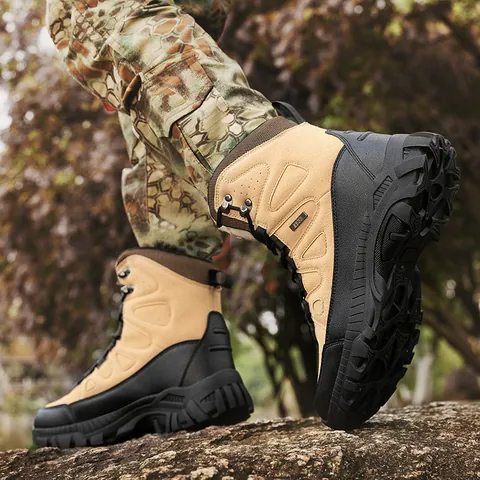 Men High Top Tactical Waterproof Hiking Boots Wear Resistant Anti Slip Combat Training Outdoor Shoes Leather Boots