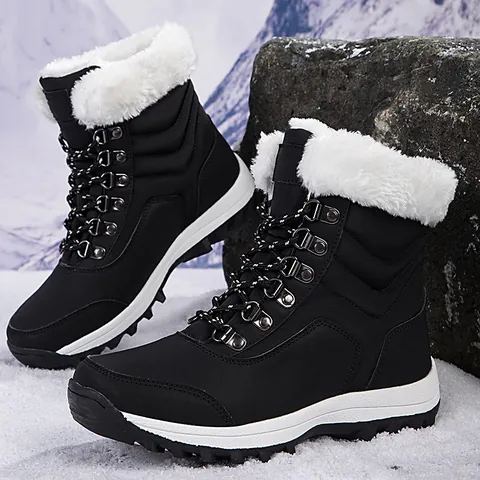 Dames Halfhoge Sneeuwlaarzen Winter Warm Outdoor Reisschoenen Met Kunstbontvoering Vetersluiting Kunstleer Gewatteerde Laarzen