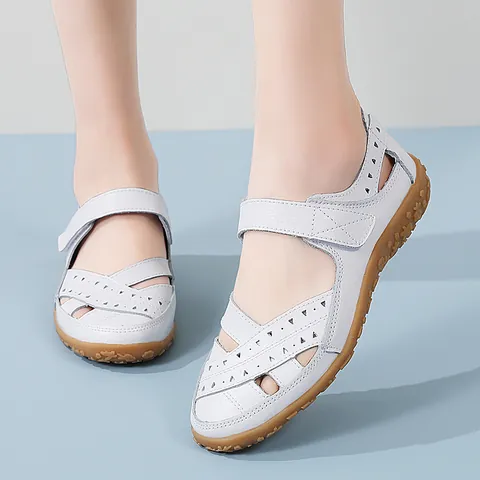 Damen Leder Ausschnitt Sandalen Atmungsaktiv Flache Mokassins Krankenschwester Mama Schuhe Klettverschluss Casual Loafer Übergröße 35-46