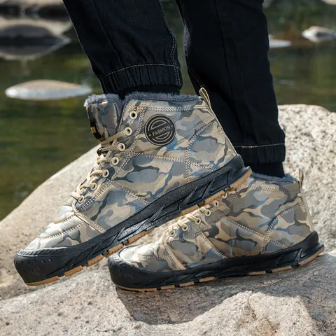 Herren Wasserdicht Schneestiefel Winter Outdoor Tarnung Hoch Top Baumwollschuhe Warm Kunstpelz Gefüttert Rutschfest Sportstiefel