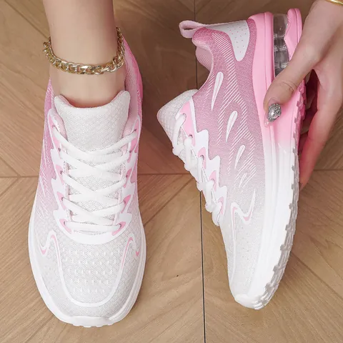 Zapatillas de Running Flyknit para Mujer Malla Transpirable Color Degradado Cojín de Aire Sneakers Casuales de Moda Ligeras