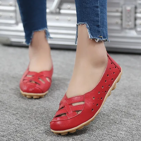 Women's Hollow Out Leather Flats Moccasins Breathable Bird Nest Casual Shoes Cowhide Comfort Slip-on Loafers Non-slip Mother Shoes