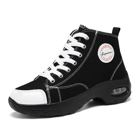Womens High Top Canvas Sneakers Air Cushion Platform Breathable Casual Shoes Fashion Solid Color Sneakers For Daily Walking