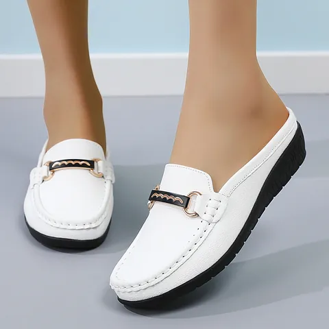 Women Comfort PU Leather Loafers Mules Wedge Heel Slip On Shoes Metal Buckle Lightweight Non Slip Casual Walking Shoes
