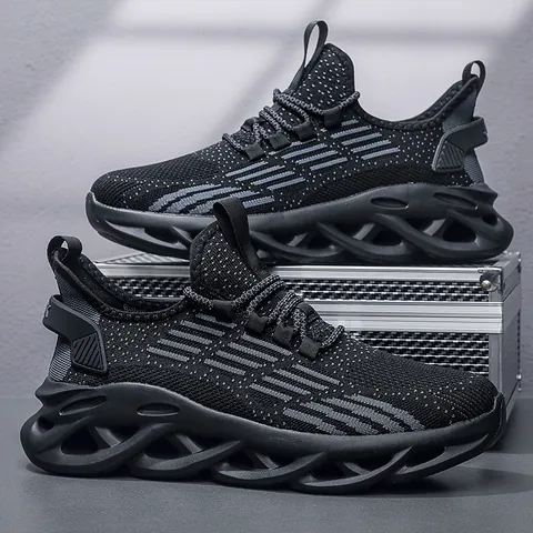 Men Large Size Running Shoes Flyknit Breathable Hollow Blade Sole Sneakers Rebound Shock Absorption Fitness Gym Shoes For Men