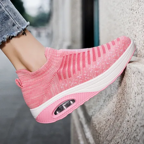 Women Air Cushion Sneakers Breathable Fly-knit Mesh Slip-on Walking Shoes Lightweight Casual Sport Shoes For Spring Daily Wear
