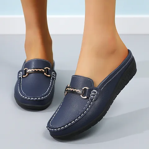 Women Comfort PU Leather Loafers Mules Wedge Heel Slip On Shoes Metal Buckle Lightweight Non Slip Casual Walking Shoes