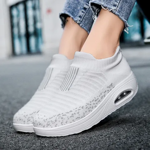 Women Air Cushion Sneakers Breathable Fly-knit Mesh Slip-on Walking Shoes Lightweight Casual Sport Shoes For Spring Daily Wear