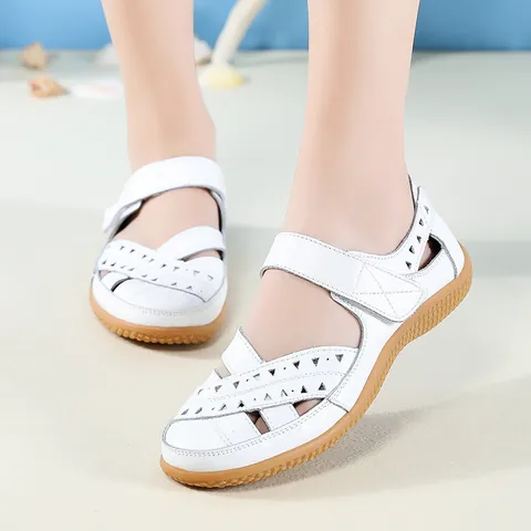 Women Genuine Leather Casual Sandals Hollow Out Breathable Flat Shoes Hook and Loop Mom Shoes Nursing White Shoes