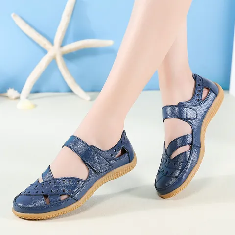 Women Genuine Leather Casual Sandals Hollow Out Breathable Flat Shoes Hook and Loop Mom Shoes Nursing White Shoes