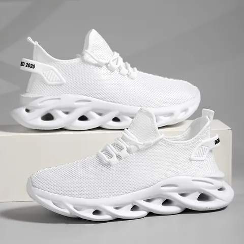 Men Running Shoes Breathable Flyknit Mesh Casual Sneakers Shock Absorption Blade Sole Lightweight Soft Bottom Sports Shoes
