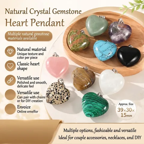 Natural Crystal Heart Pendant Multi Material Semi Precious Stone DIY Necklace Accessories Amethyst Rose Quartz Obsidian Pendant