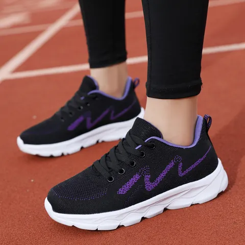 Baskets en Maille Respirante pour Femmes Chaussures de Course Tissées Volantes Chaussures de Sport Plates Décontractées