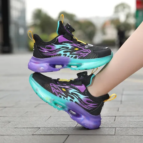 2025 New Kids Sneakers Boy Rotating Buckle Breathable Mesh Thick Sole Non-slip Athletic Shoes Flame Pattern Casual Footwear