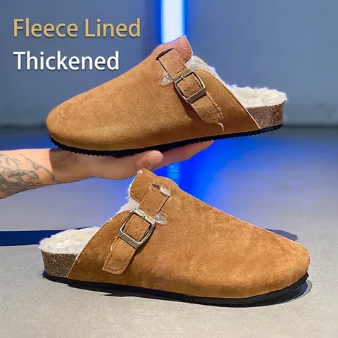 Unisex Suede Fleece Lined Boston Style Clogs Mules With Adjustable Metal Buckle Warm Winter Slippers Men Women Casual Footwear