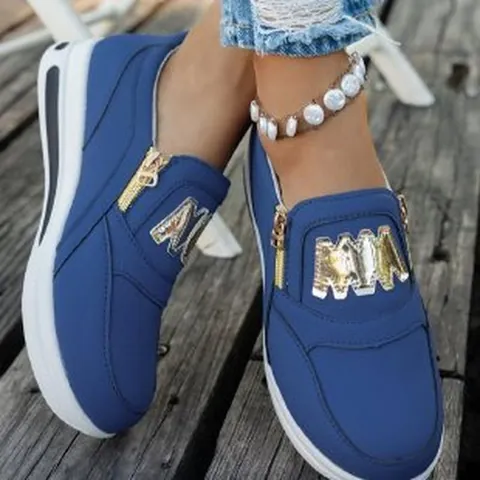 Women Casual Platform Shoes European Style Side Zipper PU Leather Round Toe Thick Bottom Flat Shoes With Metal Letter Decoration