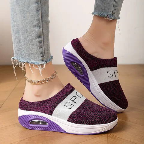 Mules da Donna Casual in Mesh Fly Knit Suola Spessa Cuscino d'Aria Traspirante Pantofole da Camminata Punta Arrotondata Scarpe Taglie Forti