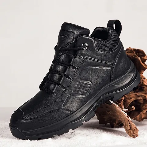 Men's British Style Casual Leather Shoes Synthetic Leather Lace-Up Winter Warm Faux Fur Lining Non-Slip Fashion Sneakers For Men
