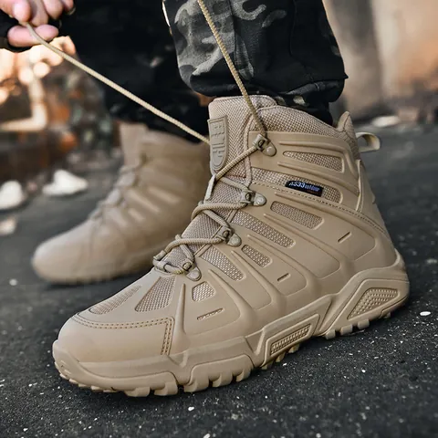 Men's Tactical Boots Outdoor Hiking Shoes Breathable Wear-Resistant Desert Combat Training Boots Mid-Top Special Forces Gear