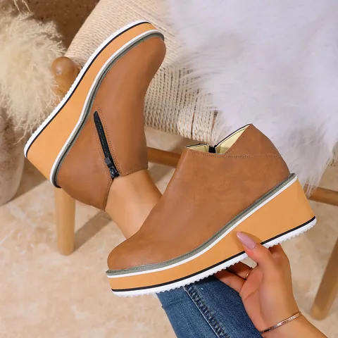 Women's Casual Ankle Boots Round Toe Wedge Heel Platform Side Zipper PU Leather Autumn Winter Fashion Plus Size Short Boots