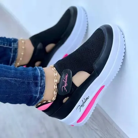 Women Fashion Breathable Fly Knit Mesh Casual Sneakers Platform Wedge Walking Shoes With Velcro Strap Large Size