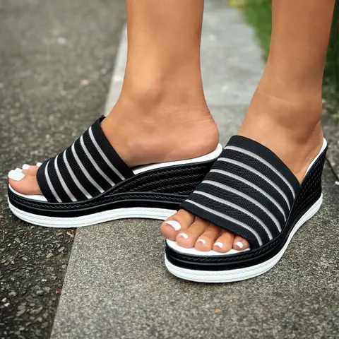 Damen Keilsandaletten Flyknit Plateau Atmungsaktiv Sommer Lässig Slides Offene Zehe Leicht Polyurethan Sohle Outdoor Schuhe