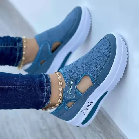 Women Fashion Breathable Fly Knit Mesh Casual Sneakers Platform Wedge Walking Shoes With Velcro Strap Large Size