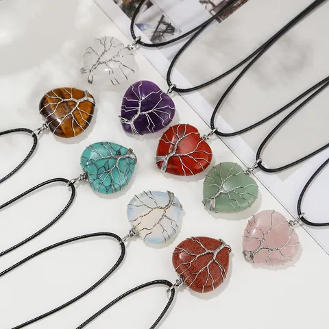 Collar con Colgante de Cristal de Piedra Natural Árbol de la Vida Hecho a Mano Envuelto en Alambre Corazón Joyería Bohemio Amatista Cuarzo Rosa