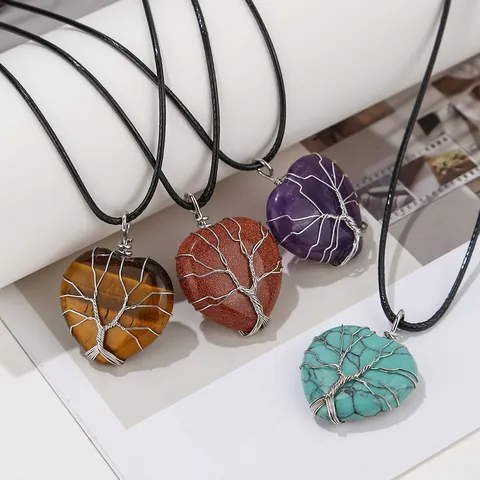 Collar con Colgante de Cristal de Piedra Natural Árbol de la Vida Hecho a Mano Envuelto en Alambre Corazón Joyería Bohemio Amatista Cuarzo Rosa