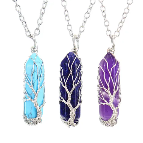 Handgemaakte Levensboom Draadgewikkeld Zeshoekige Kolom Halsketting Natuursteen Kristal Hanger Agaat Sieraden Voor Vrouwen