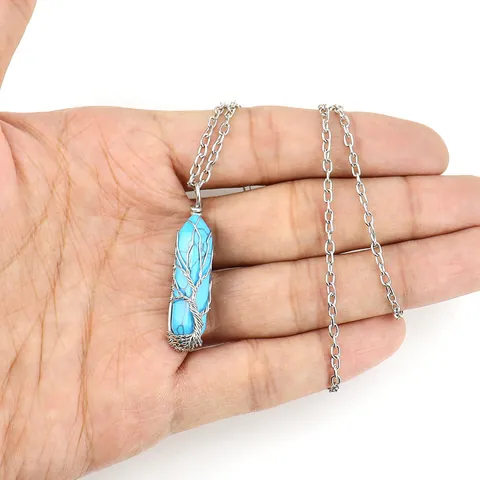 Handgemaakte Levensboom Draadgewikkeld Zeshoekige Kolom Halsketting Natuursteen Kristal Hanger Agaat Sieraden Voor Vrouwen