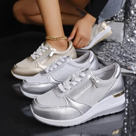 Women's Fashion Metallic Wedge Sneakers British Style PU Mesh Thick Sole Casual Shoes With Side Zipper Plus Size Platform