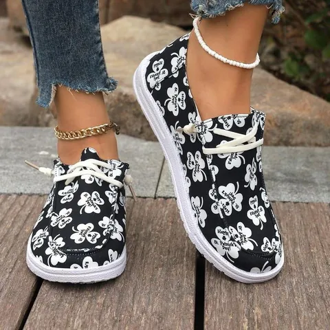 Women's St. Patrick's Day Clover Print Canvas Shoes Casual Slip-on Sneakers Round Toe Korean Fashion Large Size Flat Loafers