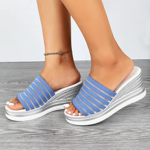Damen Keilsandaletten Flyknit Plateau Atmungsaktiv Sommer Lässig Slides Offene Zehe Leicht Polyurethan Sohle Outdoor Schuhe