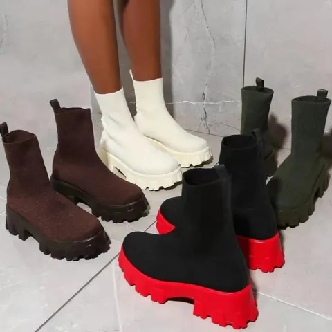 Women Mesh Knitted Sock Sneakers Platform Slip-on Ankle Boots Mid Calf Casual Sports Walking Shoes For Autumn Winter