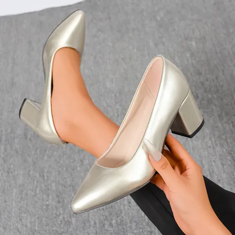Women's Pointed Toe Block Heel Pumps PU Patent Leather Solid Color Slip On Office Work Banquet Shoes High Heels