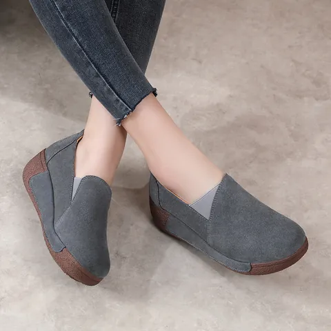 Damen Rindsleder Wildleder Schaukelschuhe Dicke Sohle Lässig Slip On Loafer Komfort Mama Schuhe Runde Zehenpartie
