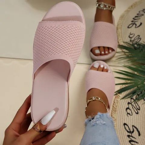 Pantofole Basse Flyknit da Donna Casual Open Toe Sandali da Spiaggia Scarpe Slide Intrecciate Traspiranti Calzature Estive Casual