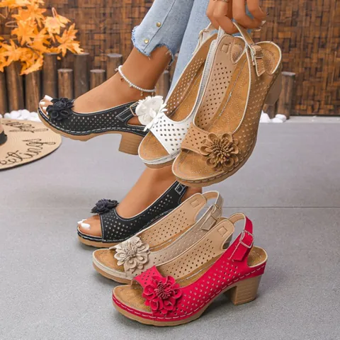 Women Peep Toe Block Heel Sandals Floral Laser Cut Design One Strap Buckle Chunky High Heels Flower Decoration Summer Shoes